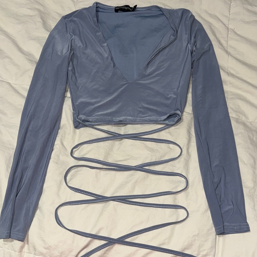 PrettyLittleThing Dusty Blue Long Sleeve Wrap Crop Top